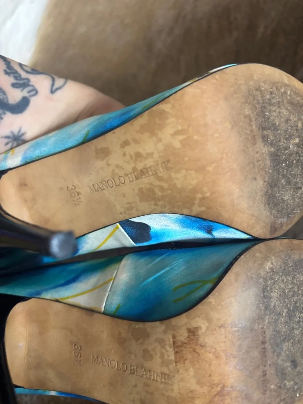 Manolo Blahnik Yellow and Blue Marble Point-Toe Stiletto